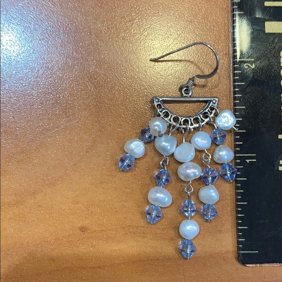 Freshwater Pearl and Blue Bead Dangle Earrings - Picture 5 of 5